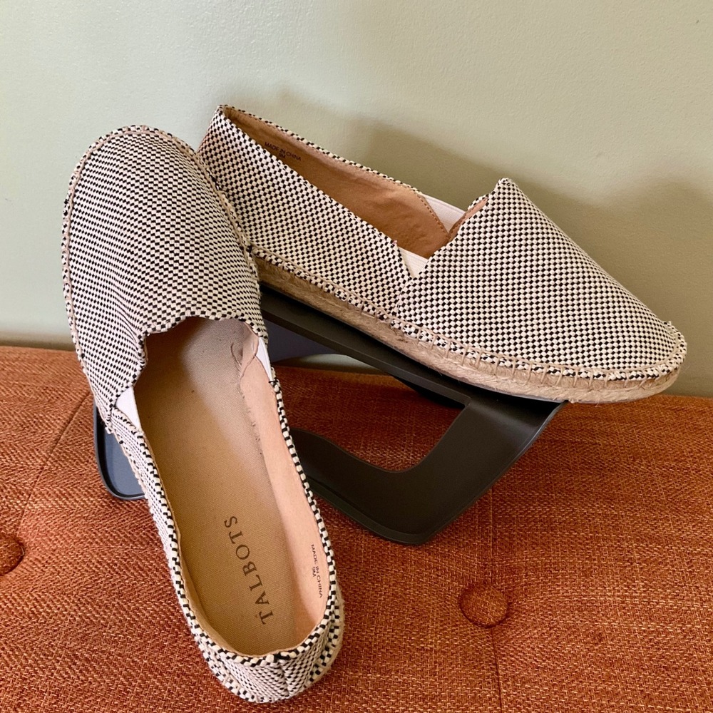 Talbots Black White Woven Espadrille Flats Shoes Sz 9M Slip On Jute Gingham NWOT